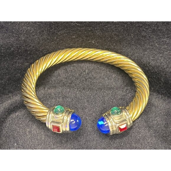 Vtg 90s Mogul Bracelet Gripoix Glass Cabochons Gold Tone Twisted Cable Adjustabl - Picture 6 of 16